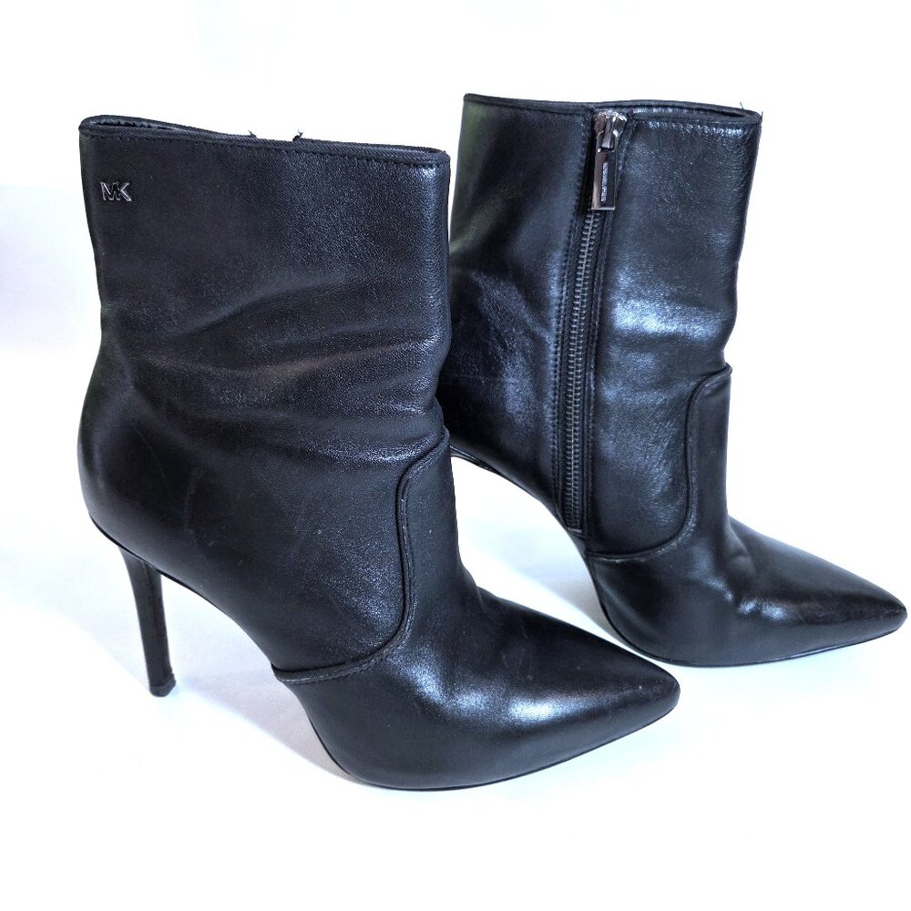 Michael Kors Rue Black Leather Side Zip Stiletto Heel Ankle Booties Size 8.5